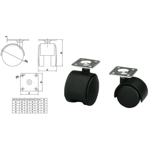 RUEDA  50 MM PLACA 50X50 MD-1500 6198 50K NE (1 UN)